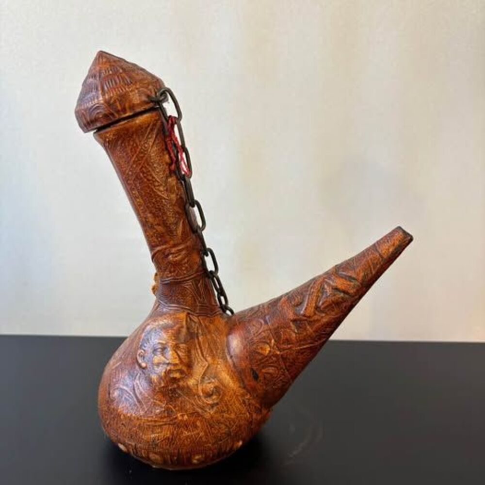 VTG SPANISH PORRON LEATHER WRAPPED GLASS WINE DECANTER